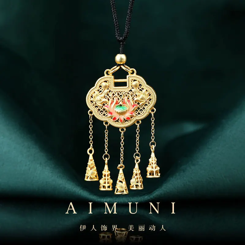 Chinese Style Ancient Gold Plated Lucky Lotus Safety Lock Tassel Series Pendant Retro Han Chinese Clothing Necklace for Women