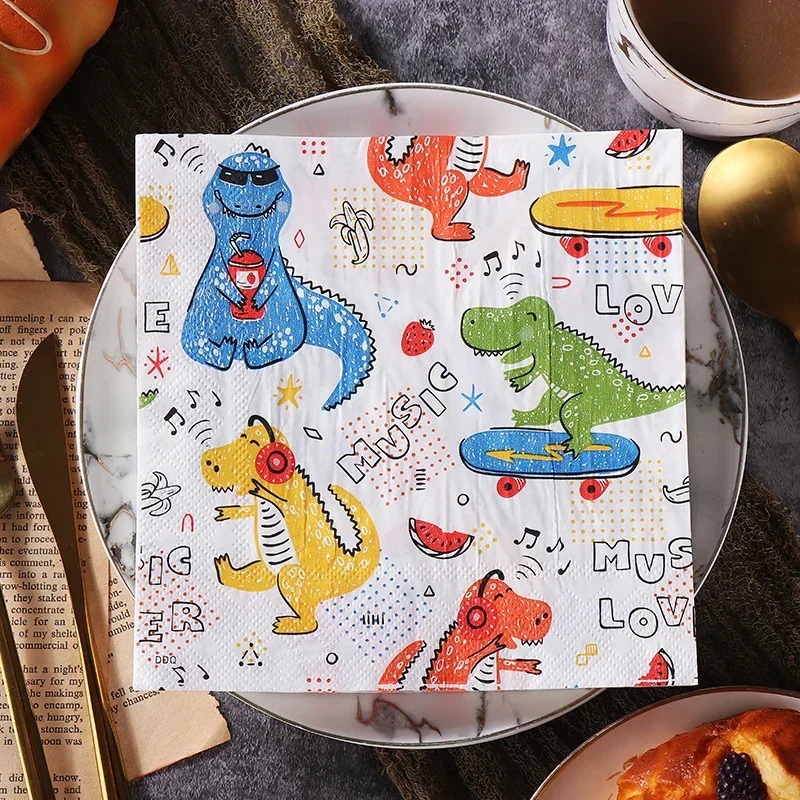 20pcs/Pac 33cm 2Ply New Dinosaur Printing Paper Napkins Cartoon Birthday Party Colorful Napkins Personalized Dress Up with Paper