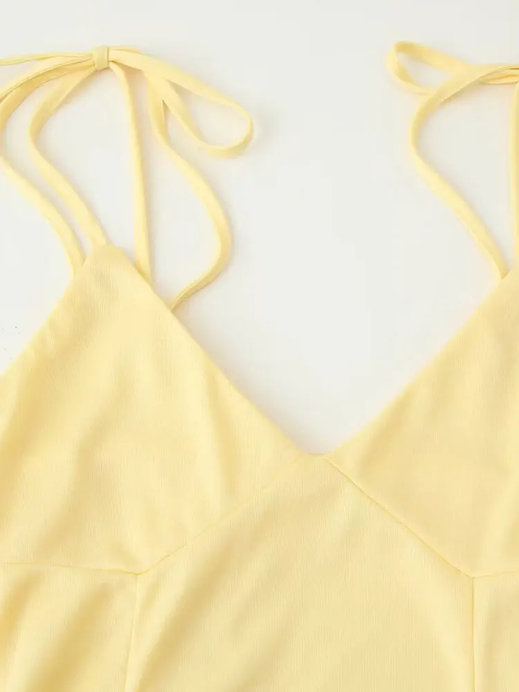 TFAFXY 2025 فستان كامي صيفي مثير أنيق أصفر طويل للنساء فستان حفلات متدرج بدون أكمام فستان أنيق #3