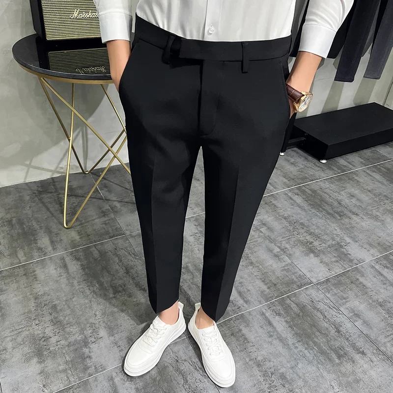 2024 Mens Dress Pants Summer Fashion Dark Green Mens Suit Pants Pure Color Business Slim Fit Dress Office Tight Cropped Trousers