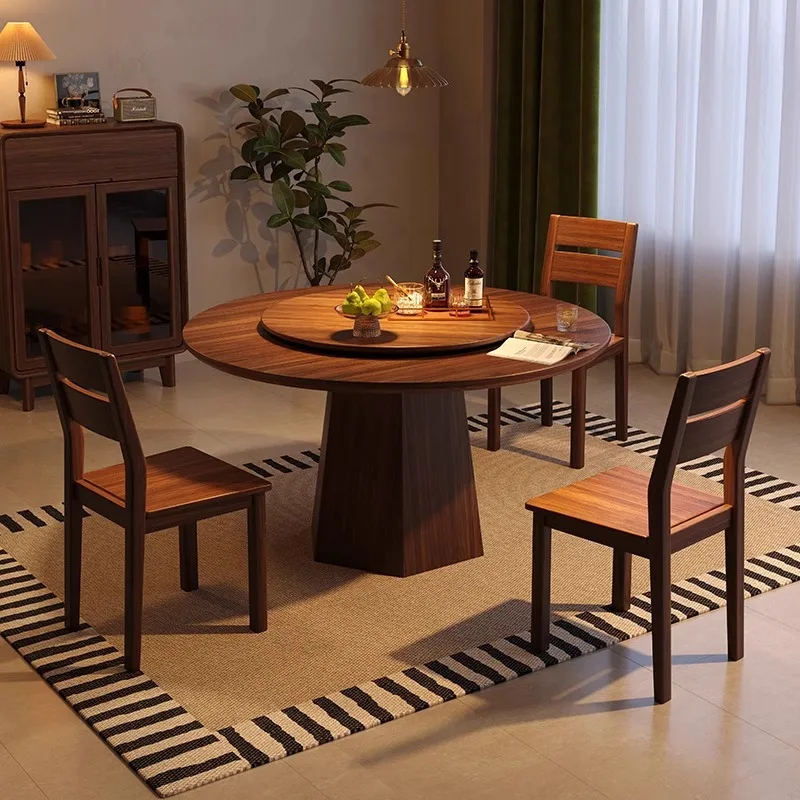 

Nordic solid wood dining table, antique black walnut round table dining chair, modern simple small apartment furniture round