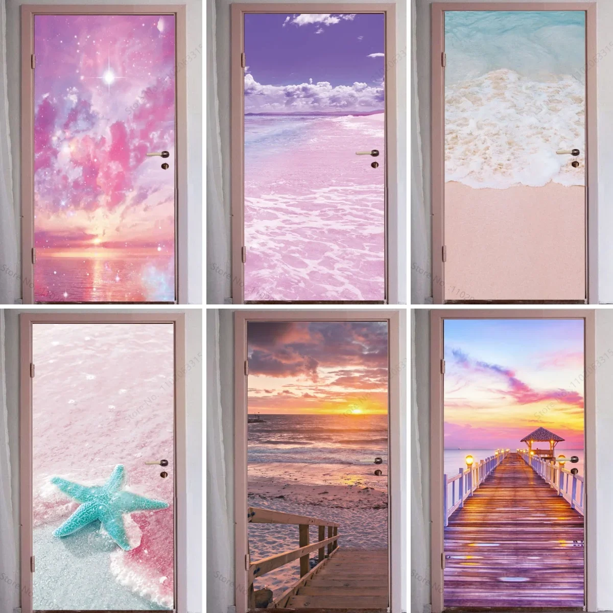 3D Creative Pink Door Stickers Natural Scenery Setting Sun Flowers Animals Beach Simulation Door Wallpaper Mural Door Renovation