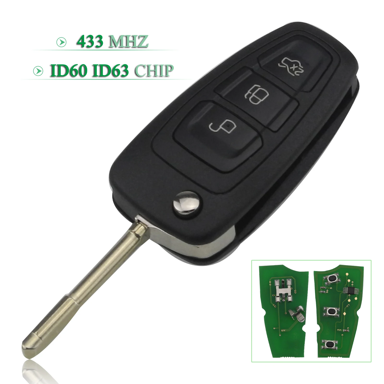 

jingyuqin 5pcs Replacement 3 Buttons 433Mhz Flip Remote Car Key 4D60 4D63 Chip Fob For Ford Focus Mk1 Mondeo Transit Connect