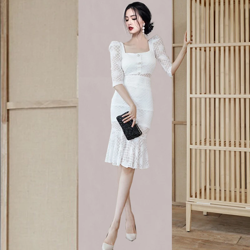 New Fashion Square Neck Women Vintage Lace Dress Women's Spring Three-Quarter Sleeve Female Elegant Fishtail Mid-Length Dress