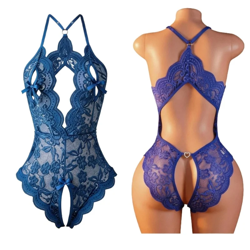 Cutout Bra Sexy Lingerie for Women Open Crotch Halter Bodysuit Floral Lace Perspective Deep V Teddy One Piece Lingerie Babydoll
