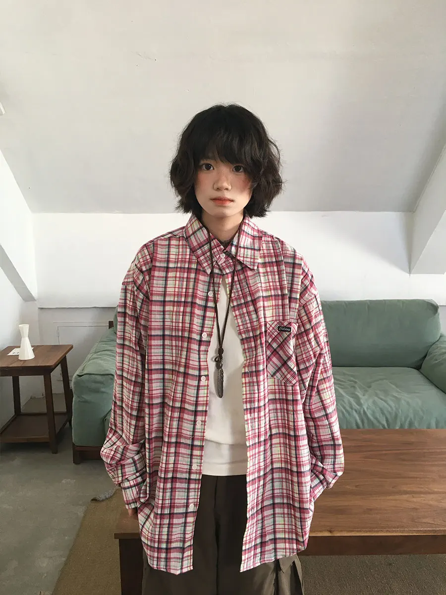 

Retro Striped Loose Fit Couple's irt Vintage Japanese Sle Cheered Texture Collar Long Sve Cotton Casual irt