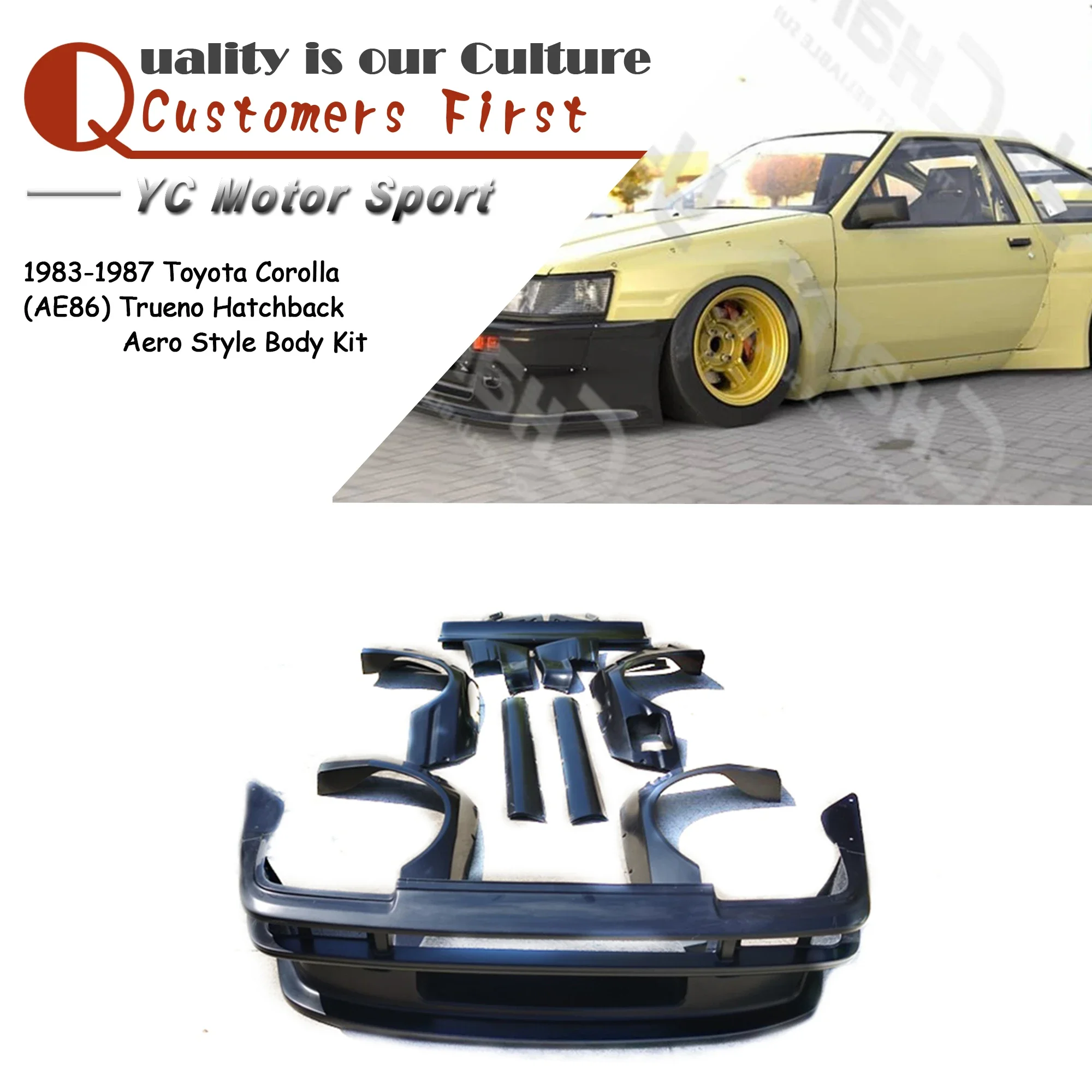 

Комплект обвеса из стекловолокна FRP для Toyota Corolla (AE86) Trueno Hatchback 1983-1987 годов, в стиле PD RB Aero: бампер, крылья, накладки на пороги