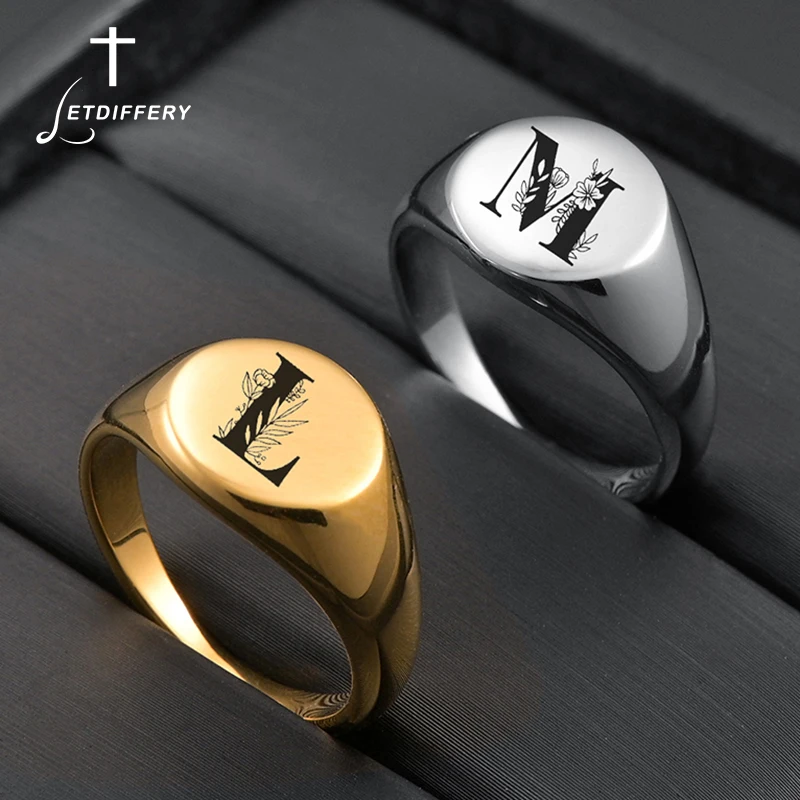 Letdierry 맞춤형 이니셜 A to Z 반지, 스테인레스 스틸 각인, 꽃 글자, 골드 컬러 반지, 여성 주얼리 선물, 12mm