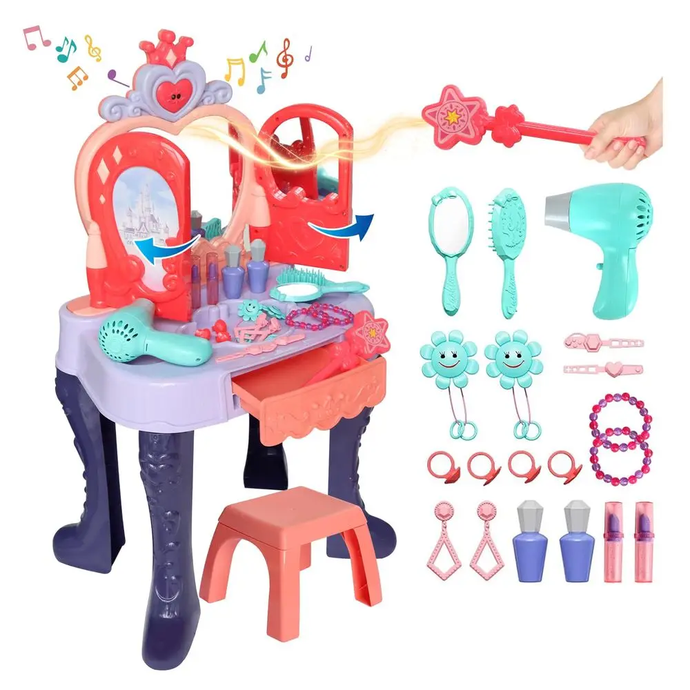 

Vanity Makeup Table with Mirror and Chair, Open Doors by Gestures, Kids Vanity Set with Lights and Music with Makeup Accessorie