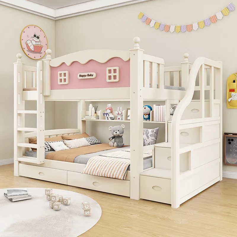 Cama litera rosa El-Princess, cama moderna y sencilla color crema, cama matrimonial cómoda para el hogar, muebles de cama matrimonial abatible empotrada en la pared.