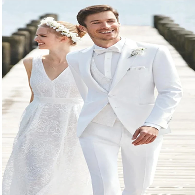 

2023 White Wedding Mens Suits Slim Fit Bridegroom Tuxedos For Men Groomsmen Pant Suit Peaked Lapel Formal Business Jacket 3 pcs