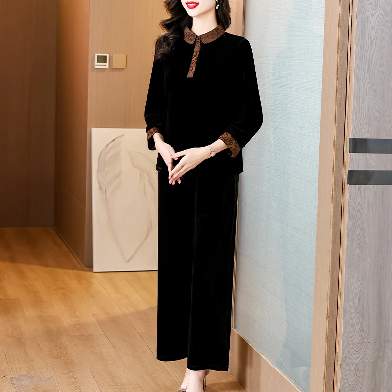 Large Size Casual Sets Spring Fall Middle Aged Mother Retro Gold Velvet Pants Two Piece Suit Women Velvet Conjunto Tracksuit