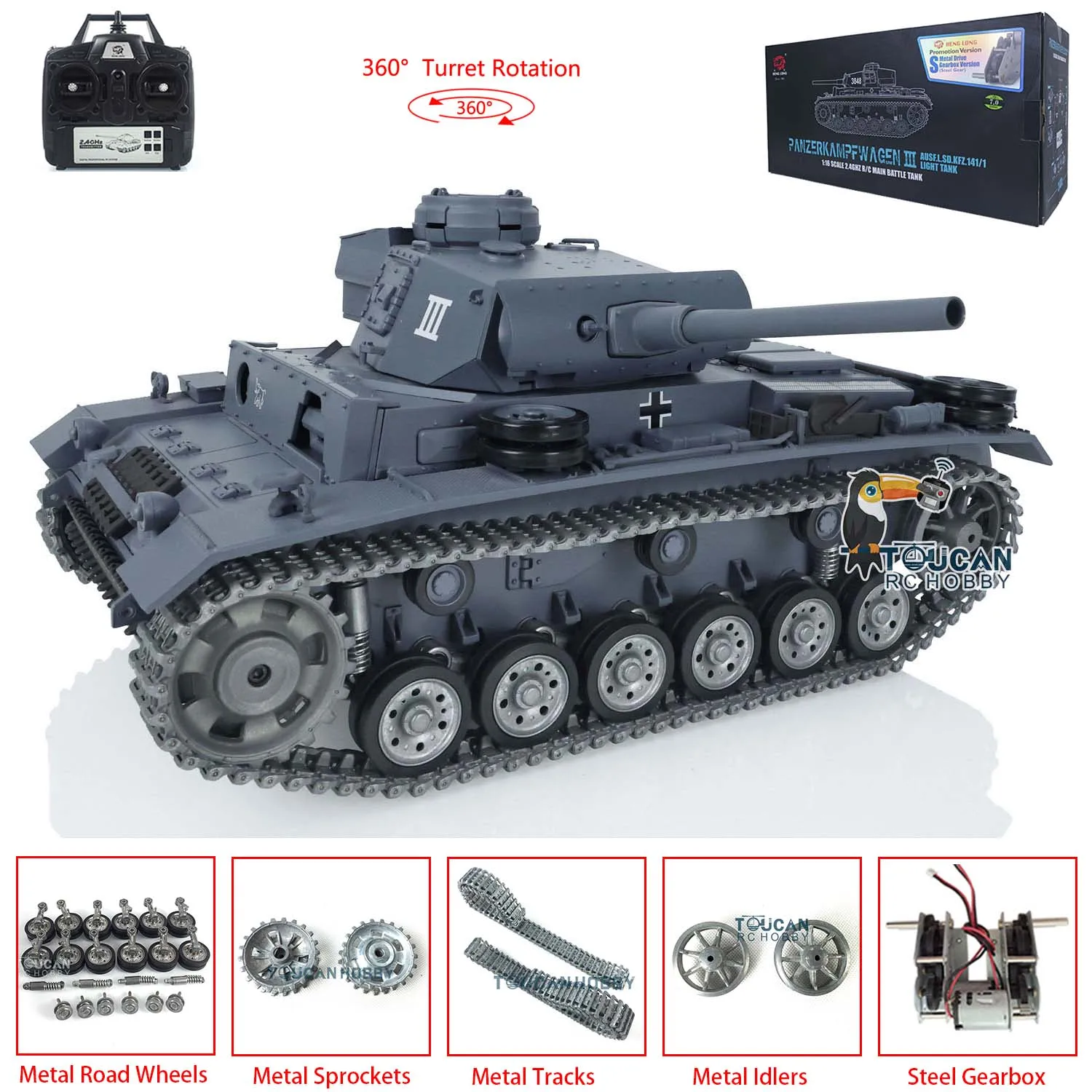 Henglong 1/16 7.0 RTR RC Tank Panzer III L 3848 Custom Metal Tracks Wheels Remote Control Model for Collectors
