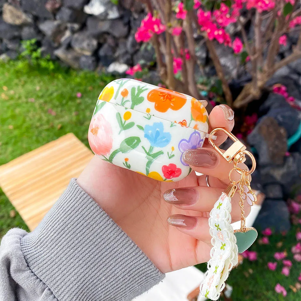 Funda para auriculares para Apple AirPods 3 2 TPU suave hojas coloridas funda para auriculares con flores para AirPods 1 Pro lindo llavero Floral de tulipán