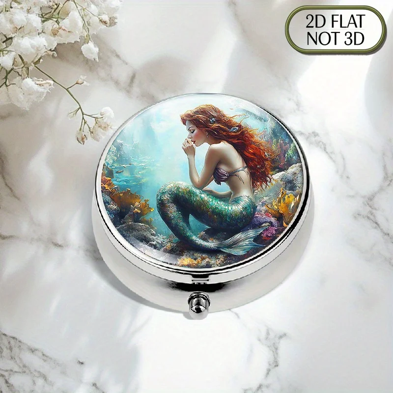 1 piece of flat, portable, round metal pill box, featuring an image of a sea creature in a colored glass window, ideal for storing medication, vitamins, and small accessories. It is a thoughtful gift for loved ones on Father's Day and Independence Day.
