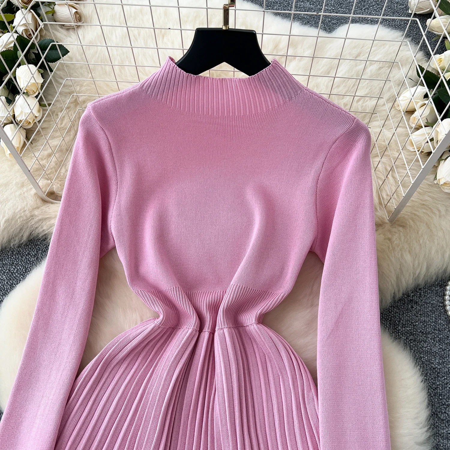 French Vintage Pleated O Neck Long Sleeve Button Knit Dress Elegant Fashion Party Slim Autumn A-line Dresses