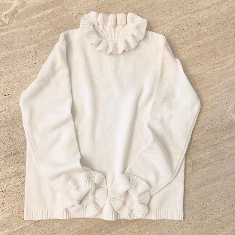 

Soft White Ruffle Collar Knit Sweater Women's Autumn Winter Inner Sweet Base irt Lazy Sle Long Sve Straight Cut Sweater