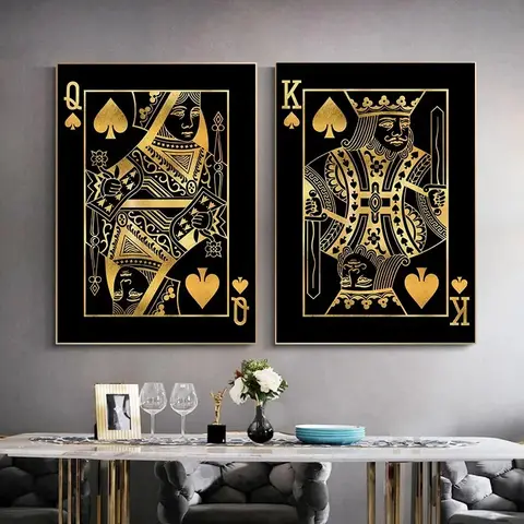 King & Queen Playing Cards Black and Gold Luxurious Poster Poker Cards Canvas Painting Aesthetic Wall Art Room Home Office Decor