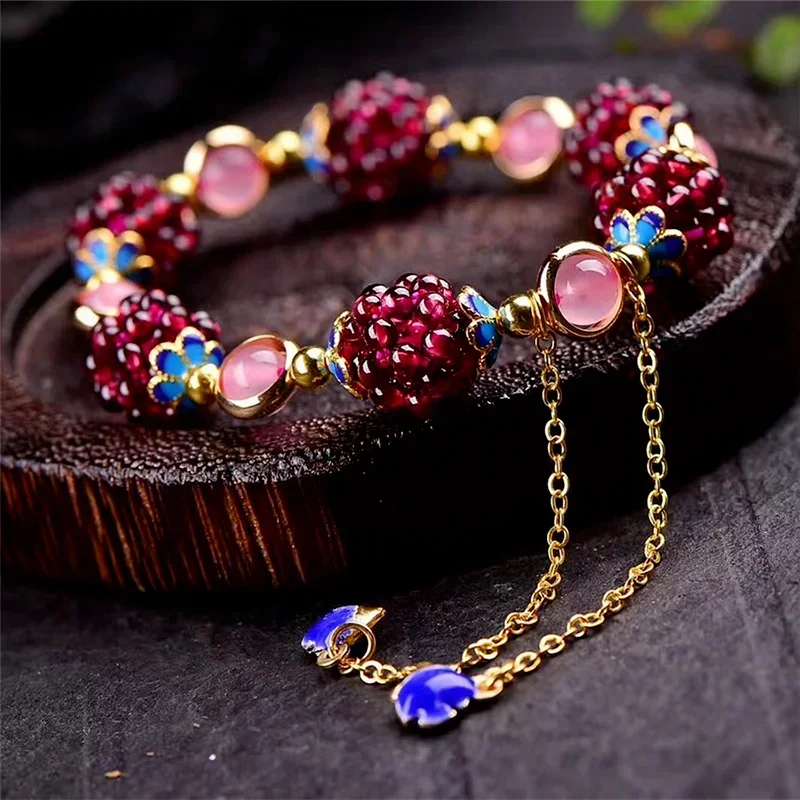 Ethnic Style Natural Pomegranate Flower Ball Bracelet Earrings Sweater Chain with Tianhe Stone Cloisonn É Bracelet