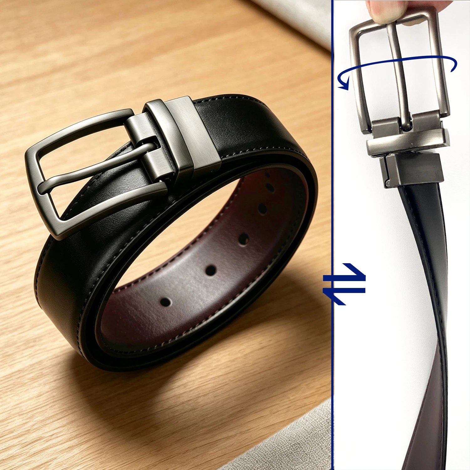 Men Reversible Leather Belt Dual Black Brown Colors Pin Buckle Business Casual Waist Strap for Jeans Suit Office Daily Male Wear