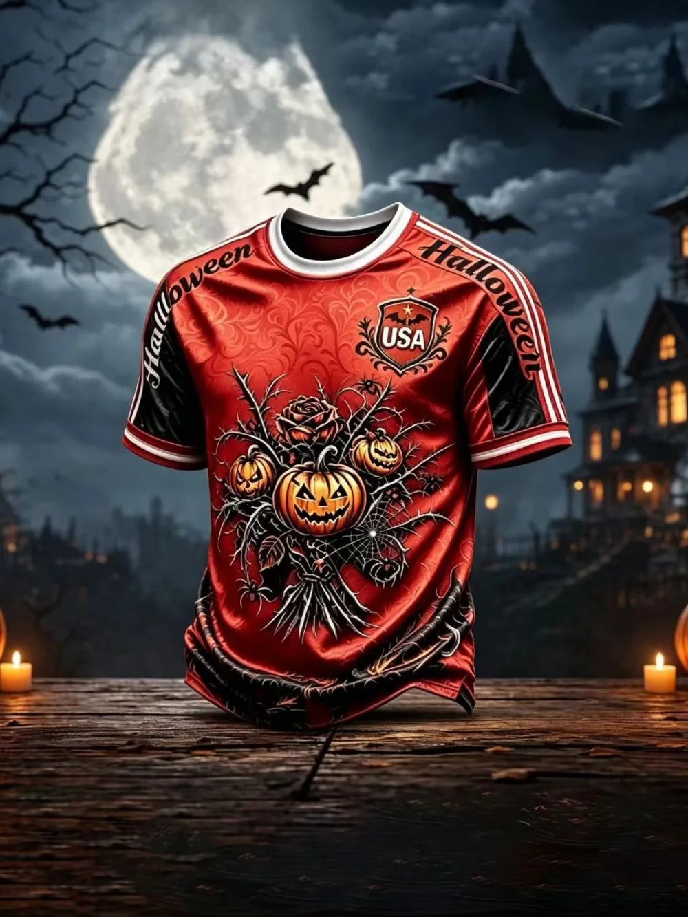 Vintage Red Halloween Football Jersey, Ornate Swirl Background Pumpkin Bat Spider 3D Print, Casual Halloween Party Sport T‑Shirt
