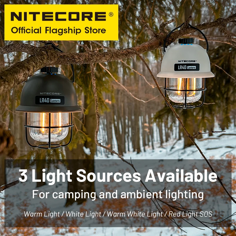 NITECORE 2 في 1 LR40 بنك الطاقة الخفيف للتخييم 100 لومن 3 مصادر الضوء المحمولة LED USB-C قابلة للشحن خيمة التخييم فانوس