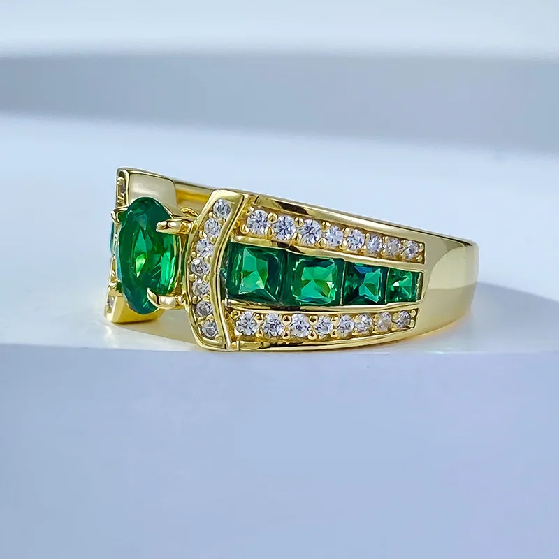 New S925 Silver Plated Imitation Emerald 4 * 6 Oval Nano Green Ring for Women