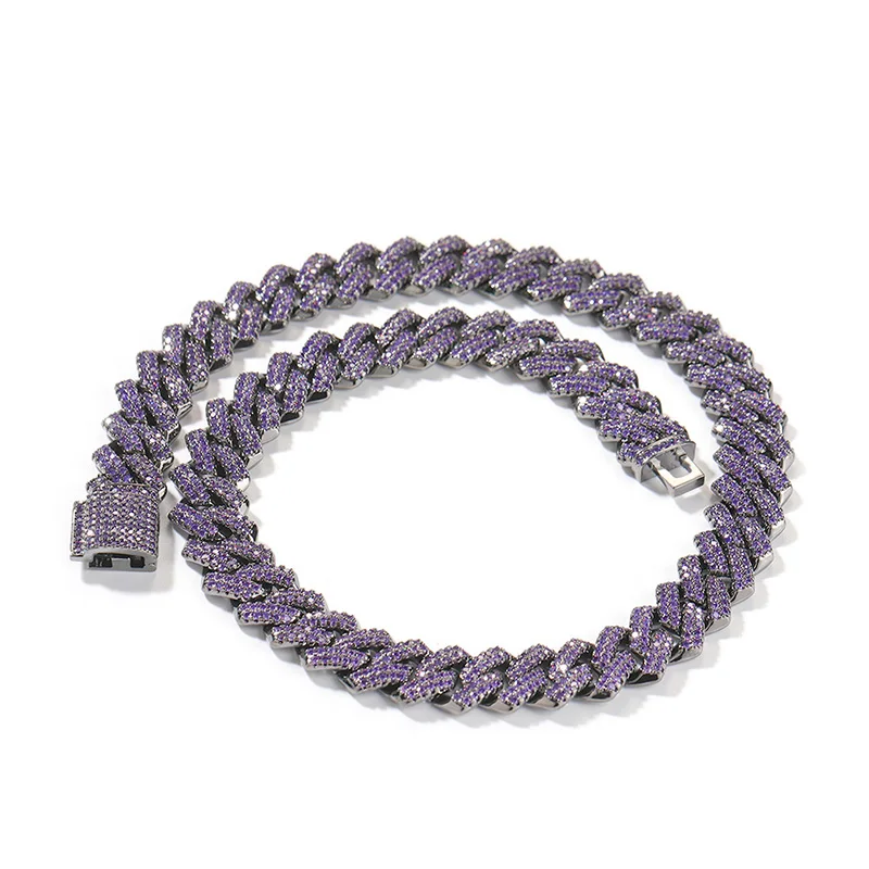 

13mm wide Hip Hop Purple CZ Stone Paved Bling Ice Out Black Rhombus Cuban Miami Link Chain Necklace for Men Rapper Jewelry Gift