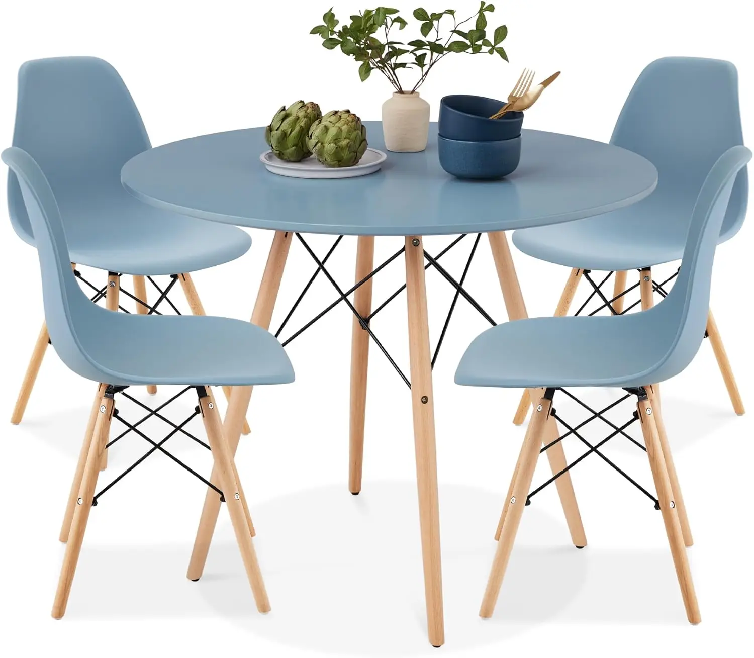 5-Piece Dining Set, Compact Mid-Century Modern Table & Chair Set for Home, Apartment w/ 4 Chairs, Plastic Seats, Wooden Legs