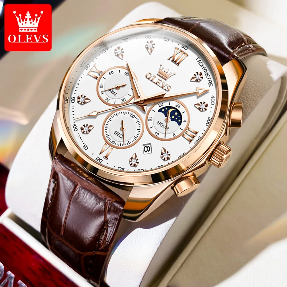 

OLEVS 2888 Original Multifunction Quartz Watch for Man Leather Strap Luminous Moon Phase Sport Chronograph Men's Watch
