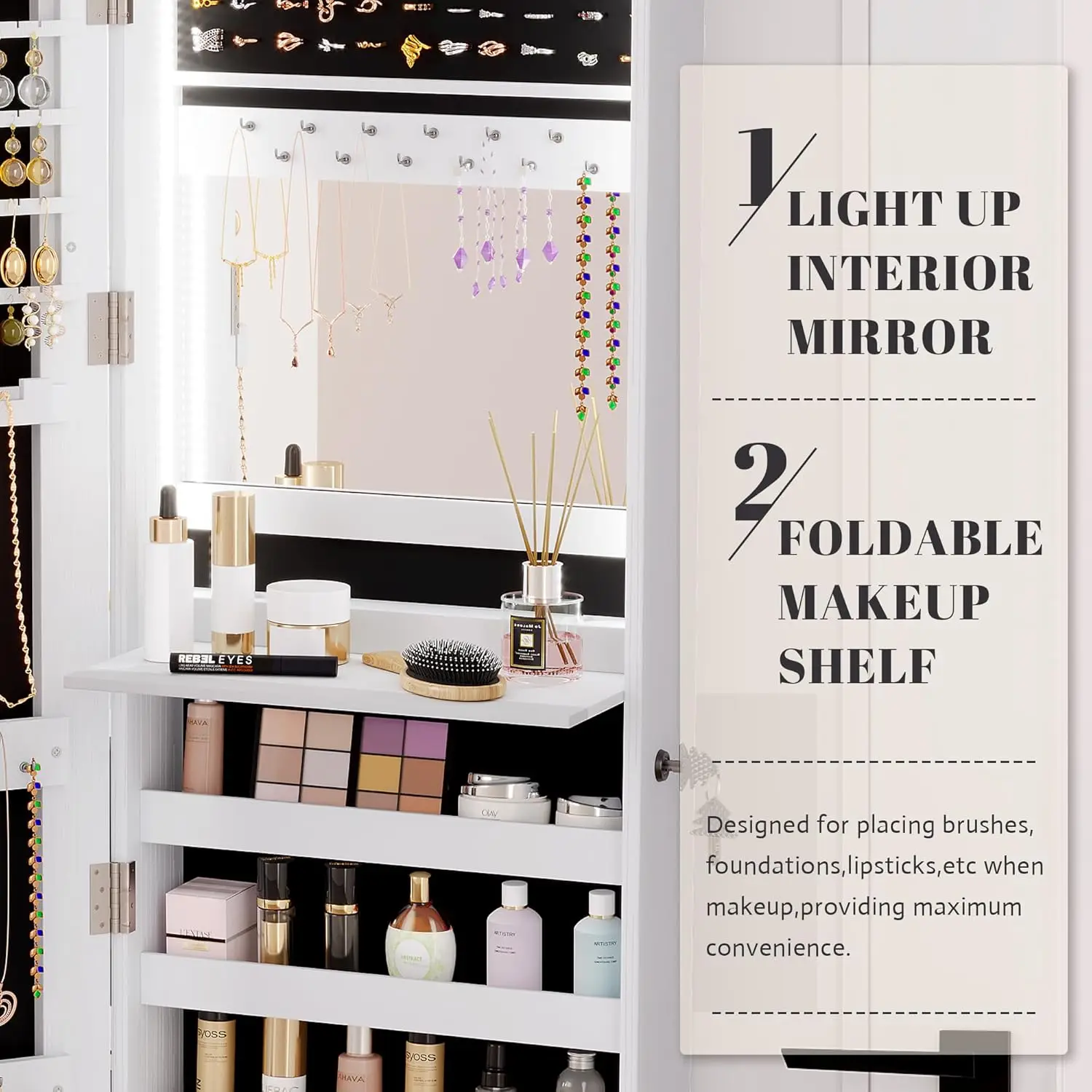 47.2" LED Jewelry Mirror Cabinet, Wall/Door Mounted Jewelry Armoire Organizer with Full Length Mirror, Large Storage Hanging Cab