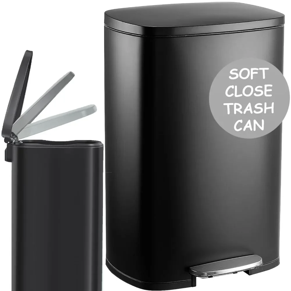 

Soft Close Kitchen Trash Can with Anti - Bag Slip Liner and Lid, Tall Dust Bin for Bedroom, Matte Black, 13 Gallon