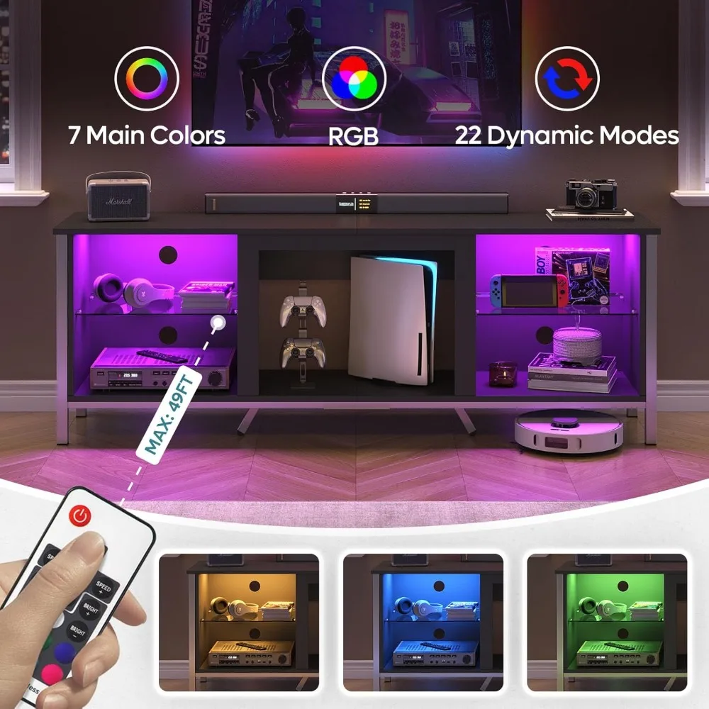 حامل تلفزيون 75 بوصة مع مركز ألعاب LED لجهاز PS5، أرفف قابلة للتعديل وأضواء LED، تصميم حديث