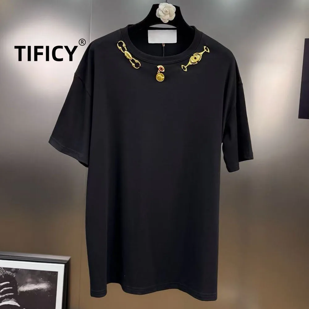 High Street Tees Tshirt Women's Heavy Metal Pendant Decoration Round Neck Versatile Cotton Top Loose Casual T-shirt