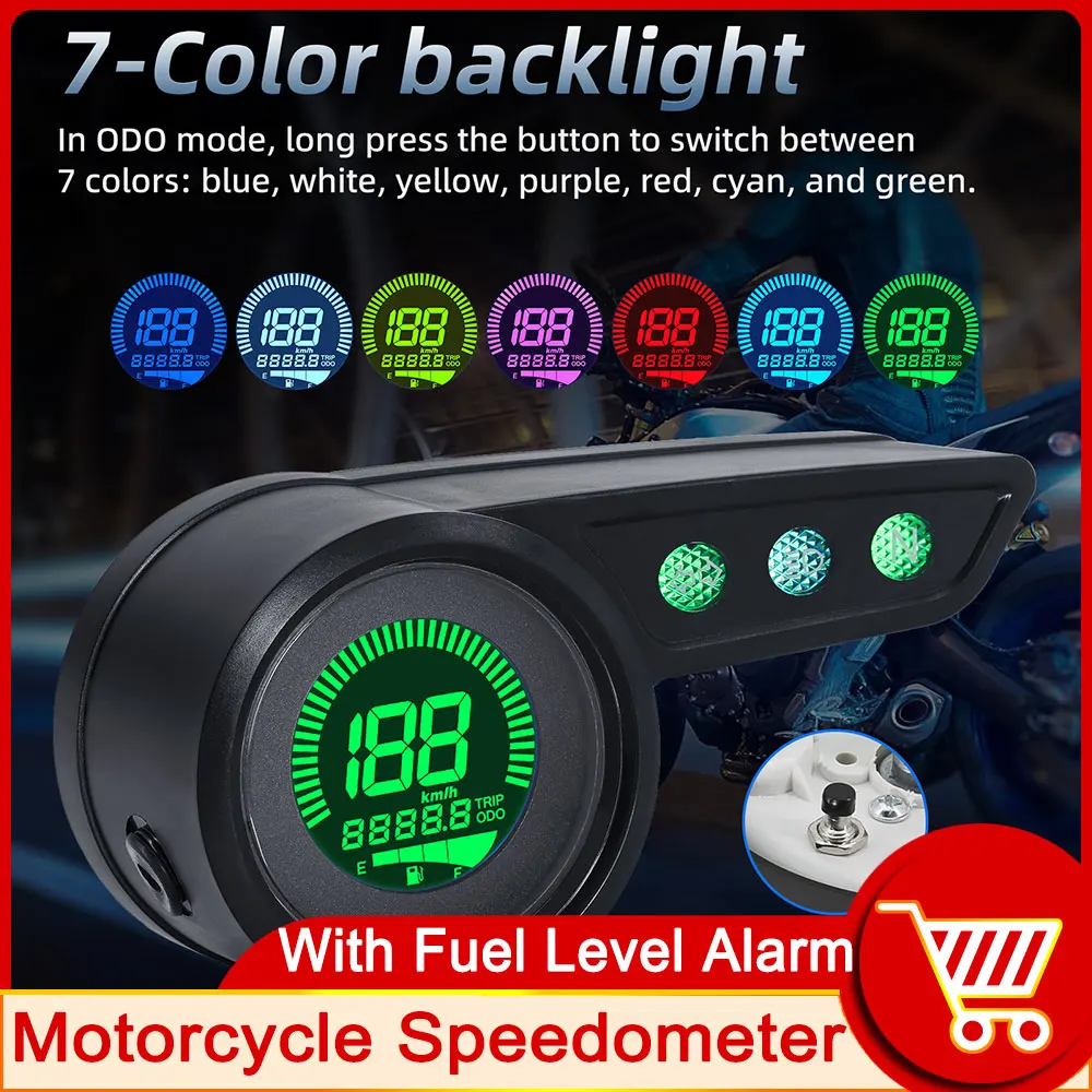 Motorcycle Speedometer Digital Waterproof Fuel Level Gauge + Alarm Odometer ODO TRIP with Turn Signal Adjust 7 Colors Backlight