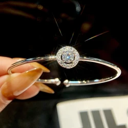 DWJ Fashion 0.5CT D Color Real Moissanite Diamond Round Charm Halo Bangles for Women 925 Sterling Silver Luxury Fine Jewelry