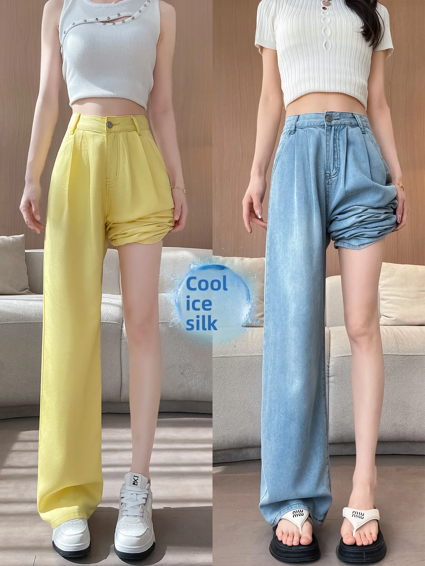 ارتفاع الخصر واسعة الساق الدنيم Skinnier فضفاضة تناسب الصيف رقيقة جديدة Sle المرأة الجينز الحرير الجليد الطابق طول السراويل
