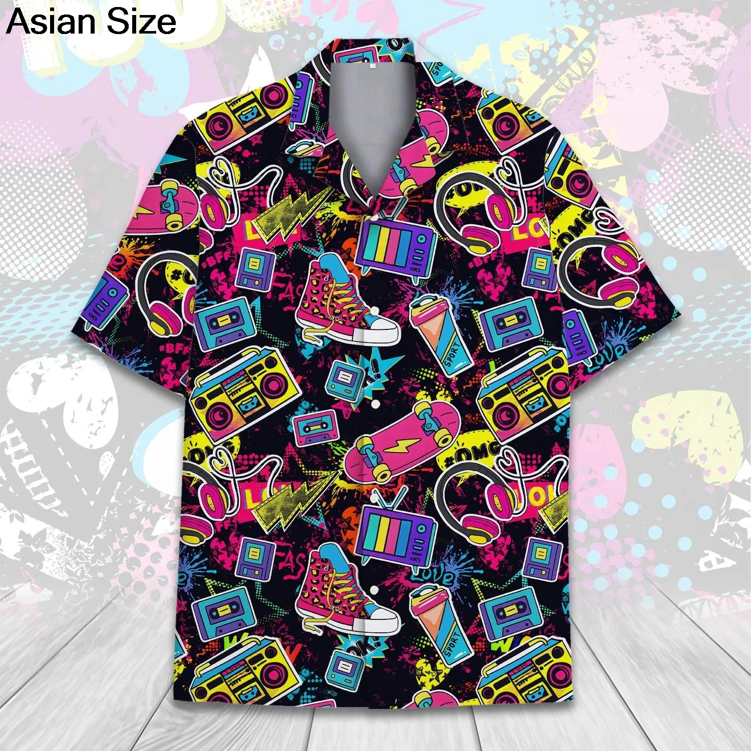 Retro 80s Pop Art Hawaiian Shirt 2025 Neon Cassette Skateboard Headphone Shirt, Vintage 90s Party Button-Up Summer Unisex Shirts