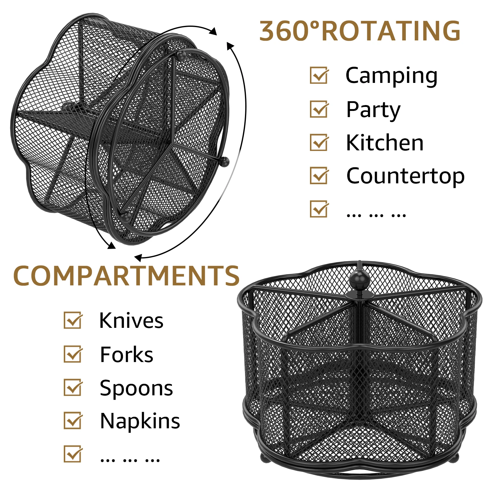 Metal Utensil Caddy 360° Rotating Cutlery Holder Flatware Storage Basket For Kitchen Stationery Pen Multipurpose Metal Organizer