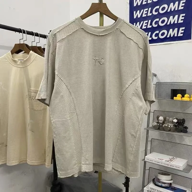 Top Quality Patchwork Embroidered Mesh Breathable Vintage Loose-Fit Hip-Hop Short-Sleeve T-Shirt