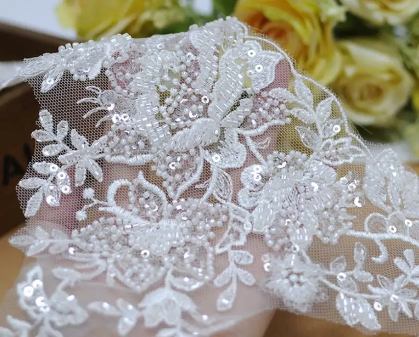 1yard embroidered flower lace trimmings for wedding dress Sewing accessories lace trims Luxury lace fabrics clothing decoration