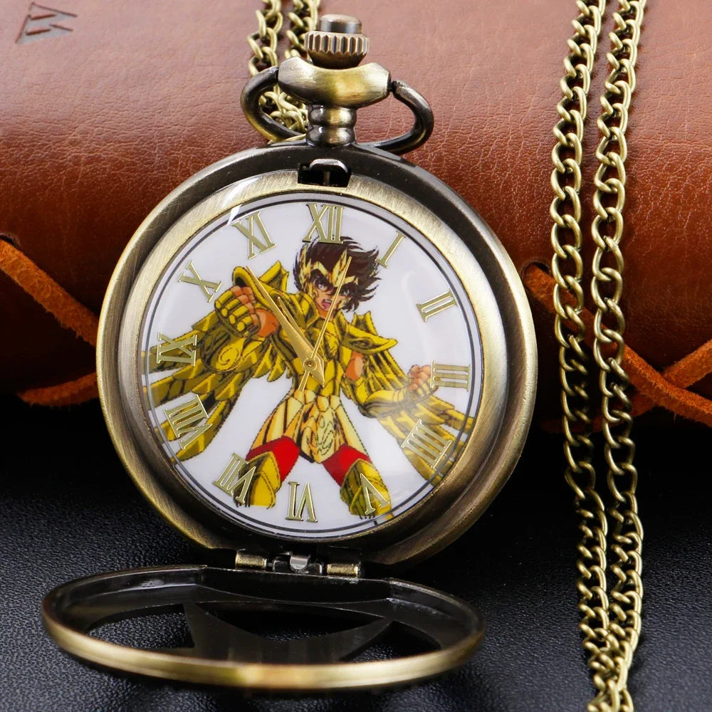 Classic Anime Golden Constellation Warrior Athena Time Gem Quartz Pocket Watch Necklace Pendant Men's and Women's Watch Gifts