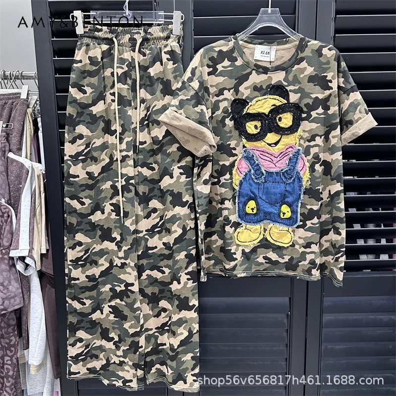 

Kawaii Tees Patchwork Cartoon Print Camouflage Loose Short Sleeves T-shirt Top + Elastic Waist Wide Leg Long Pants Two-Piece Set