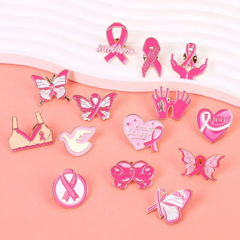 1 PC Breast Cancer Awareness Enamel Pins Pink Ribbon Butterfly Lapel Pins for Party Charity Event Women Girls Clothes Decoration