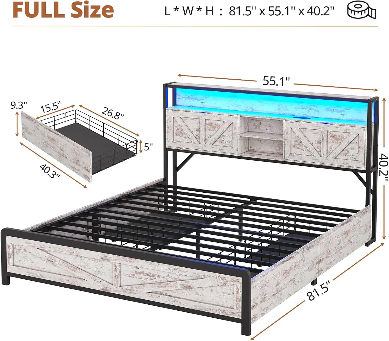 Farmhouse LED Queen Bed Frame com cabeceira e gavetas, USB-C/A estação de carregamento, cabeceira com armazenamento oculto