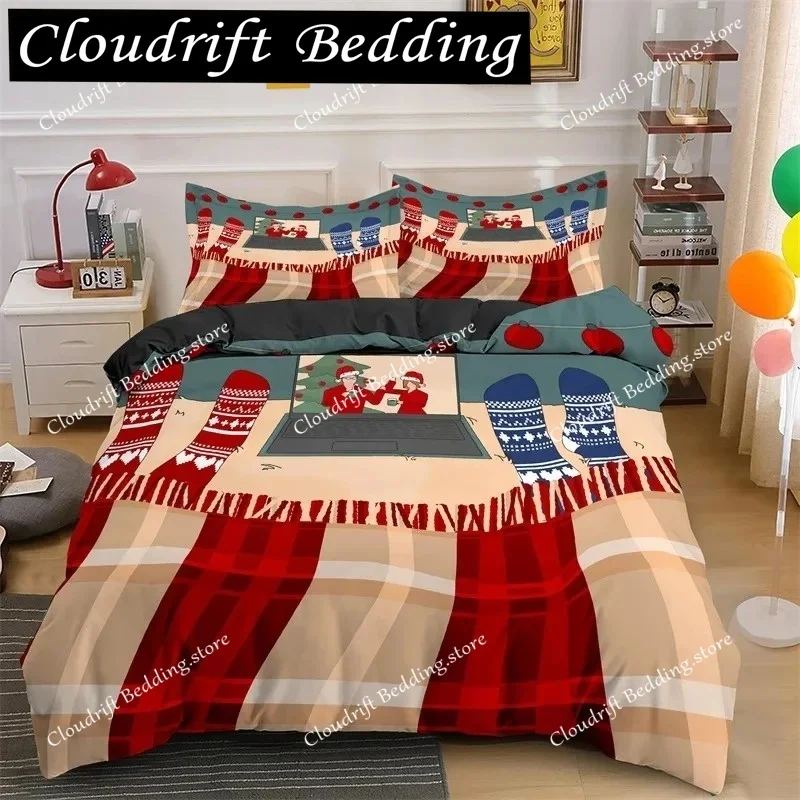 Merry Christmas King Queen Bedding Set Santa Claus Snowman Comforter Cover Christmas Tree Duvet Cover Red Polyester Quilt Cover