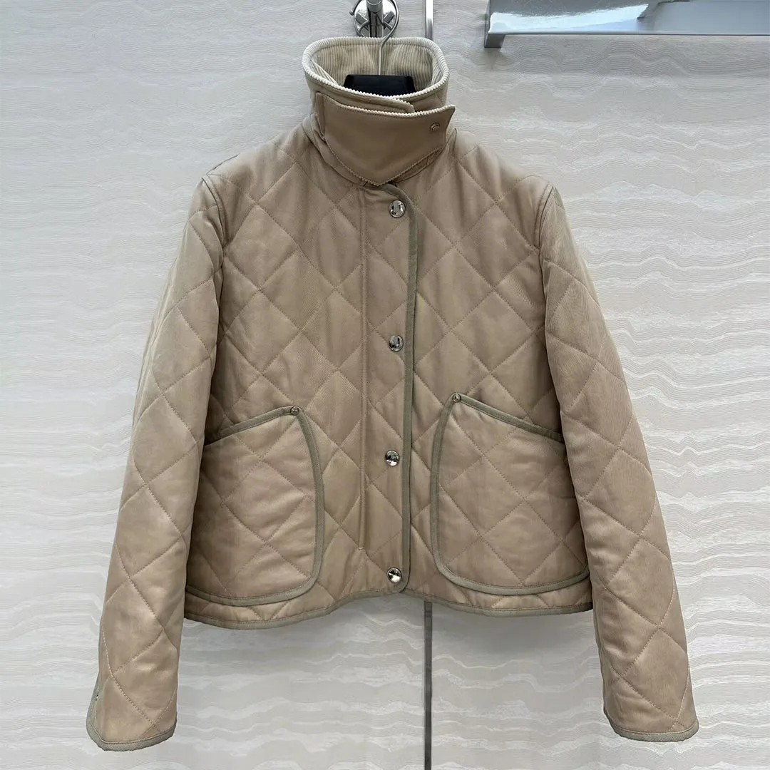 

New Winter Argyle Quilting Cotton Liner Retro Jacket Women Lapel Corduroy Patchwork Single Breasted Double Pockets Casual Coat