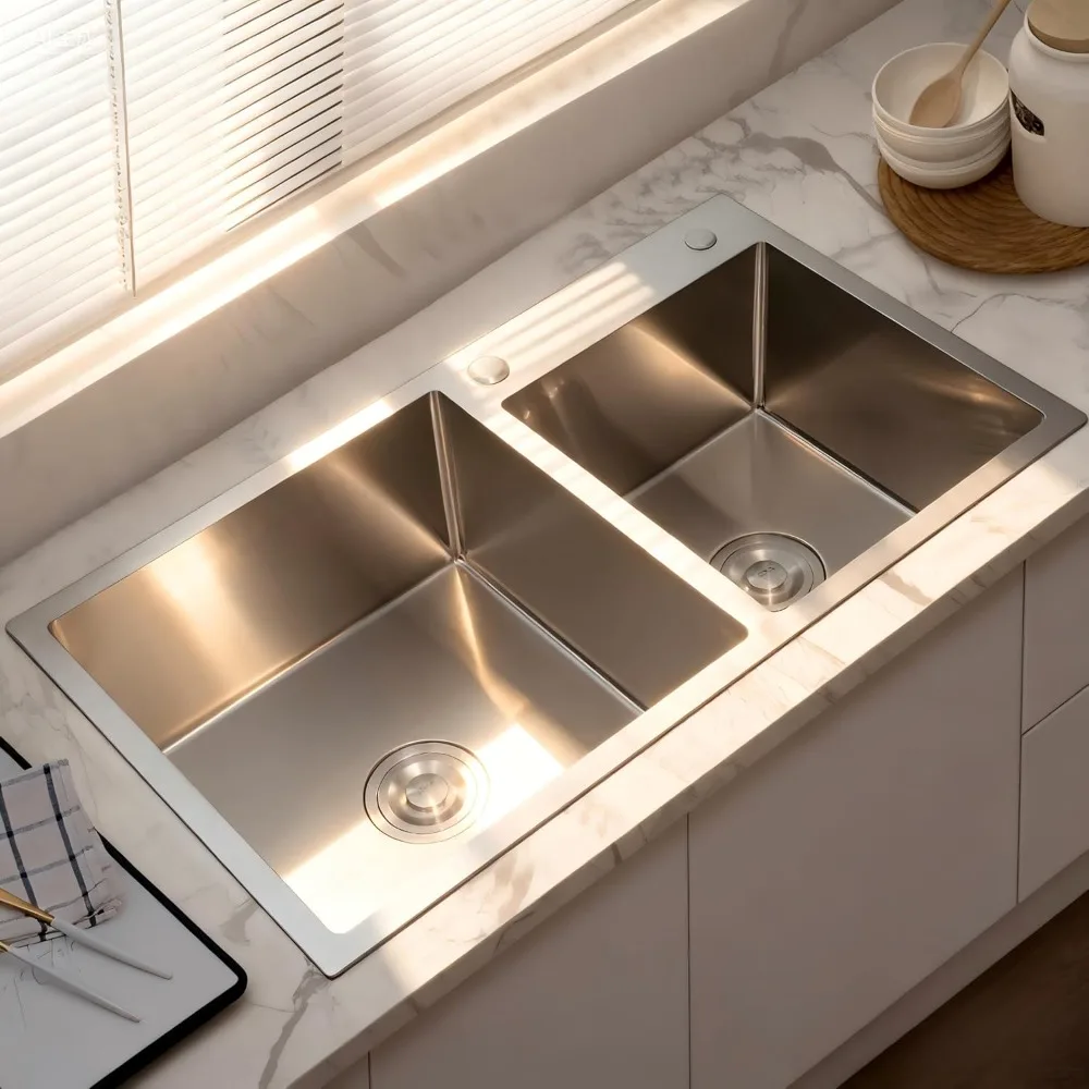 حوض مطبخ مزدوج من الفولاذ المقاوم للصدأ مقاس 30 بوصة مع طلاء نانو وملحقات لتركيب السقوط/التركيب العلوي