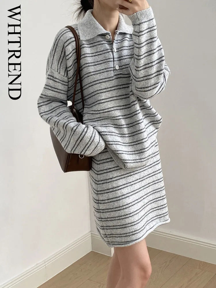 

WHTREND корейский стиль полосатый свитер с отложным воротником комплект для женщин осень-зима свободный стиль вязаная короткая юбка WH2162