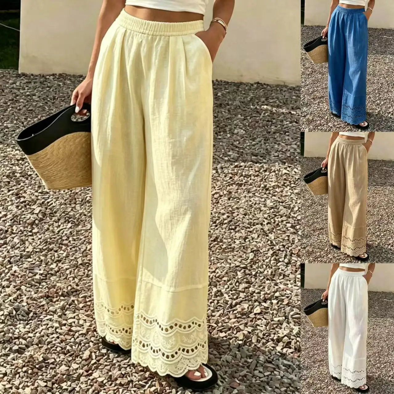 New Women's Pants: Solid-color, Fashionable, Loose-fitting 1240; Casual, §124; Everyday Wear, With Lace Trim, Made Of Cotton